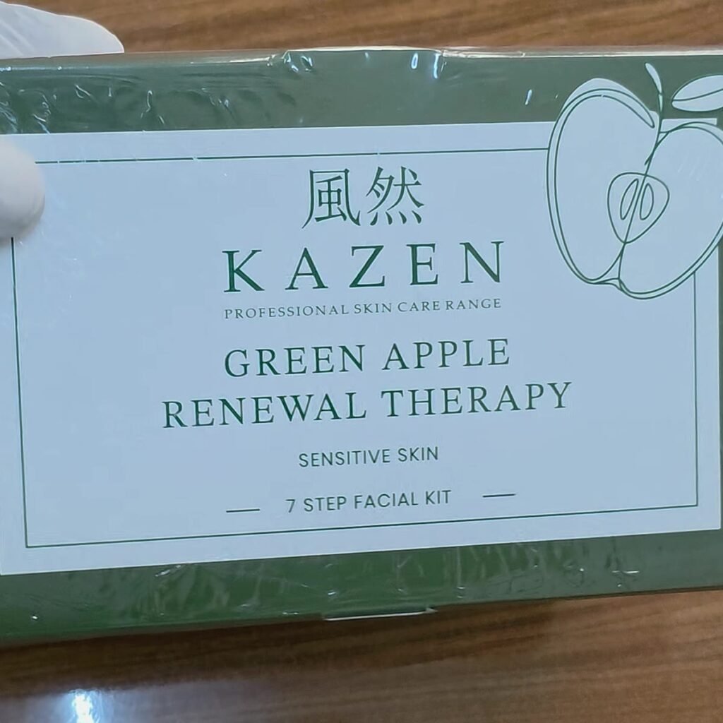 Green Apple facial kit for sensitive skin, box front, by KAZEN