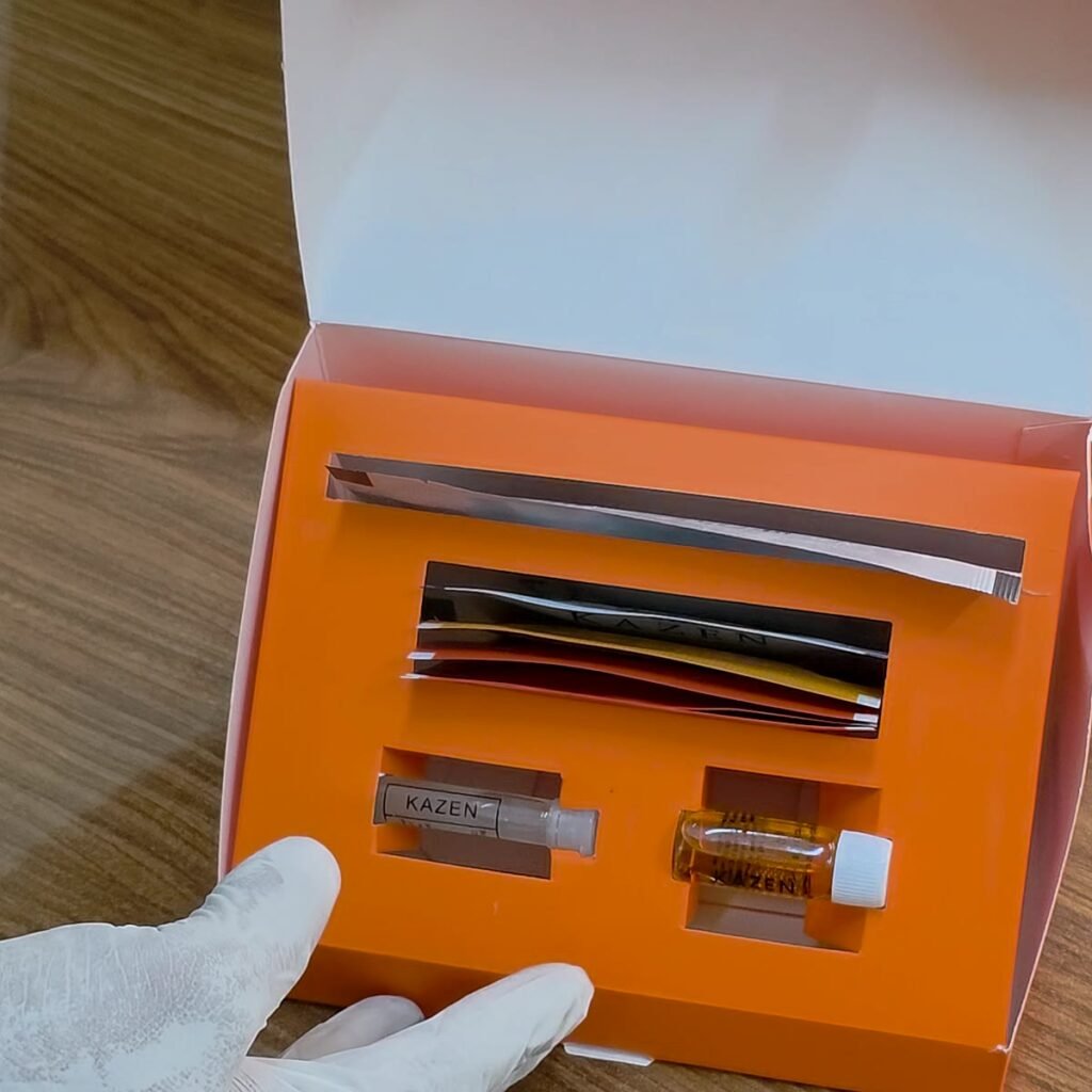Inside the KAZEN Yuzu and Orange Vitamin C facial kit: sachets and phials
